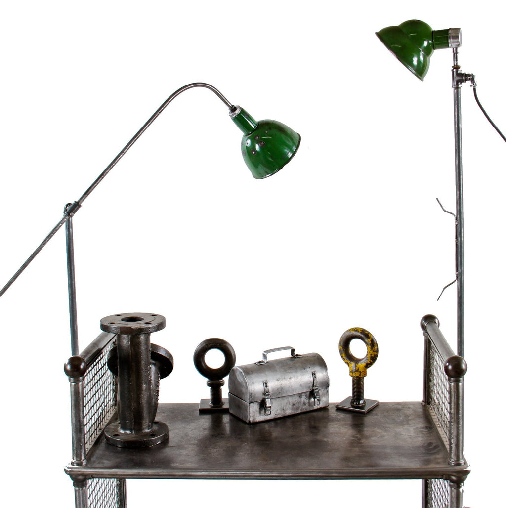 unique c. 1930's custom-built american industrial welded joint steel adjustable factory floor lamp with "deep bowl" green porcelain enameled shade