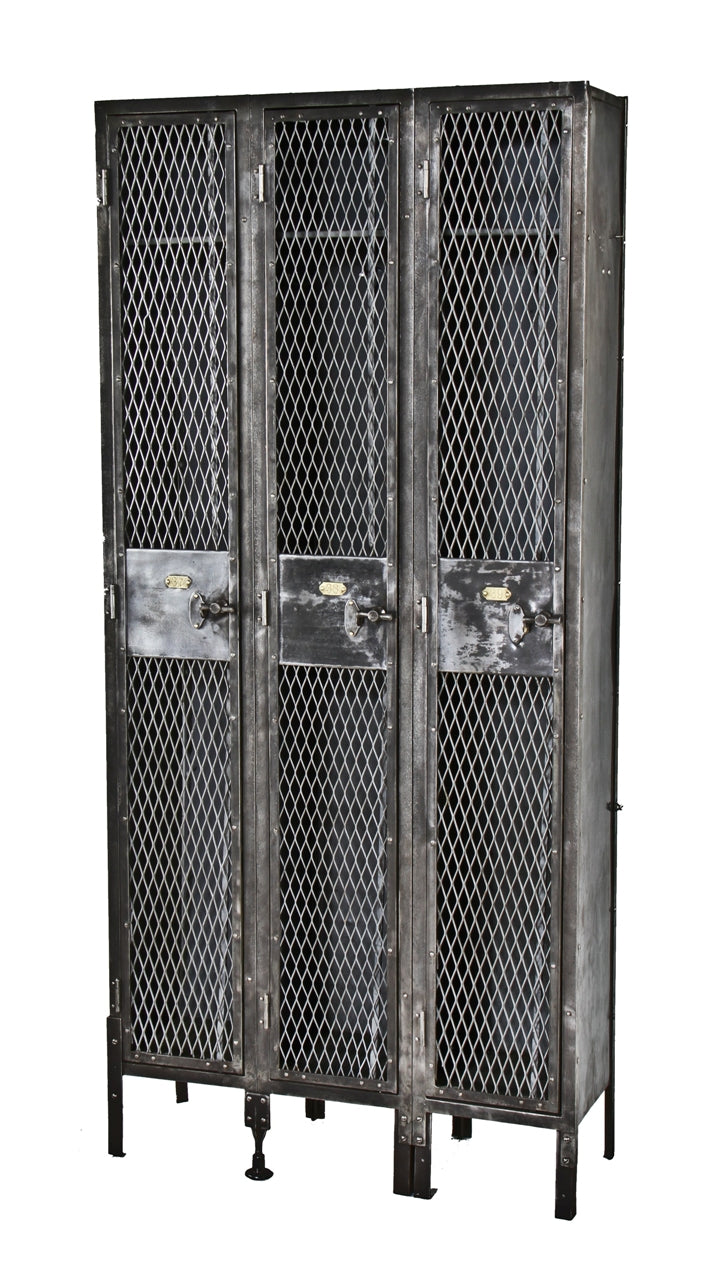 rare c. 1912 original and intact "expanded metal type" steam engine assembly plant three-unit freestanding locker