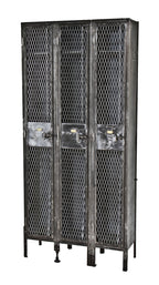 rare c. 1912 original and intact "expanded metal type" steam engine assembly plant three-unit freestanding locker
