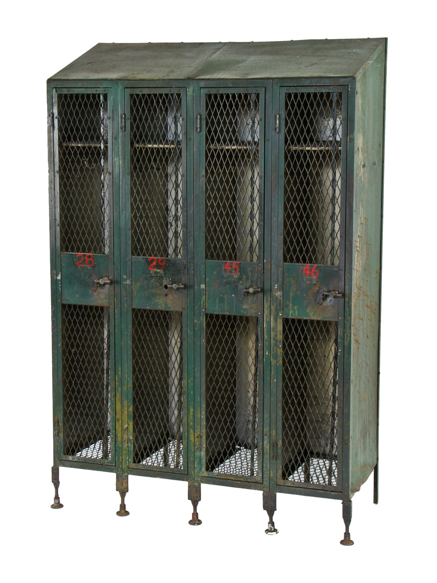 c. early 20th century american industrial federal "expanded metal" or diamond mesh four-unit factory locker with old green paint finish