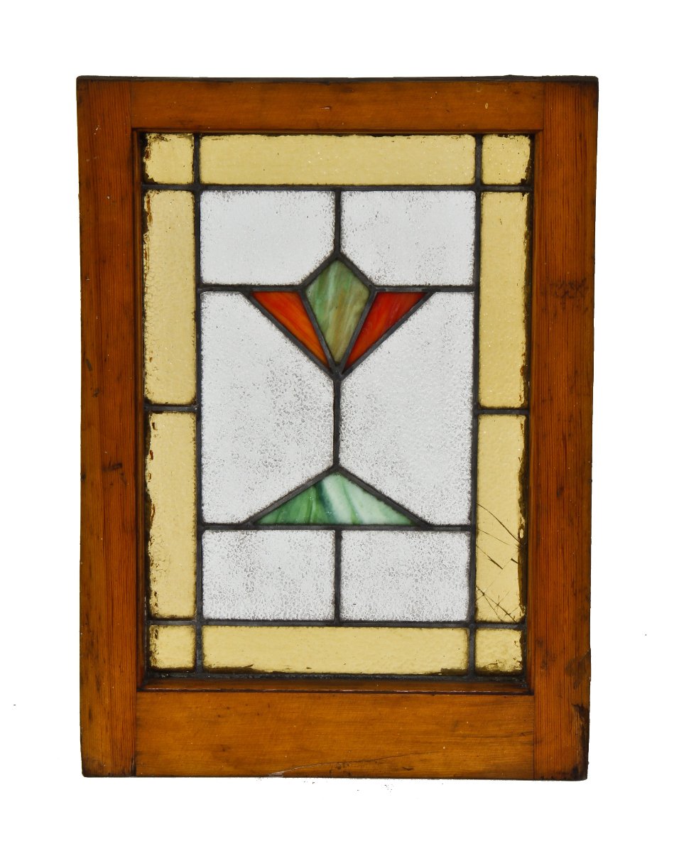 original early 1920's american prairie school style leaded art glass interior residential window with abstract floral motif