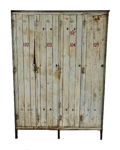 hard to find unusual early 20th century primitive painted pine wood four-unit factory locker with grooved doors and number plaques