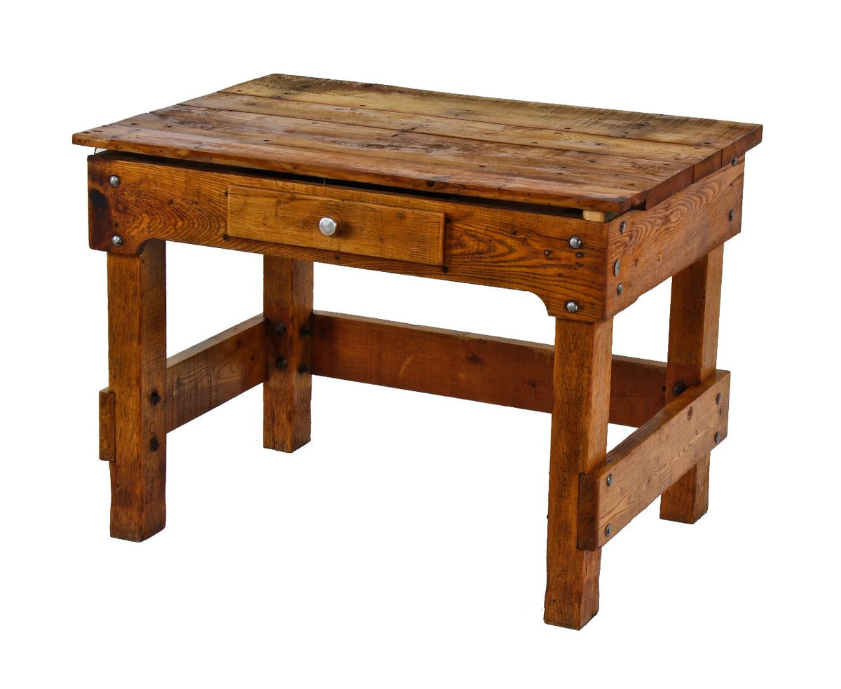 robust old american industrial refinished solid oak wood factory machine shop bolted table or desk with single pull-out drawer