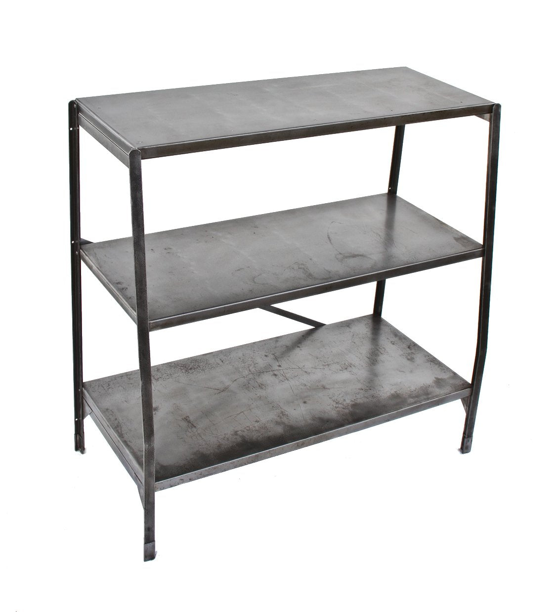 heavily constucted welded joint angled steel three-tier stationary display stand or shelving unit with folded and pressed shelves