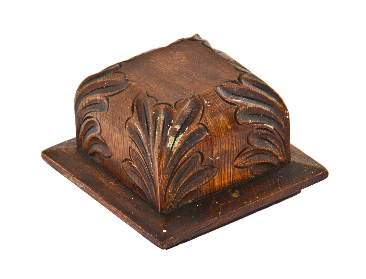 early 20th century antique american victorian era solid oak wood interior residential staircase newel post finial or cap with elegant leafage
