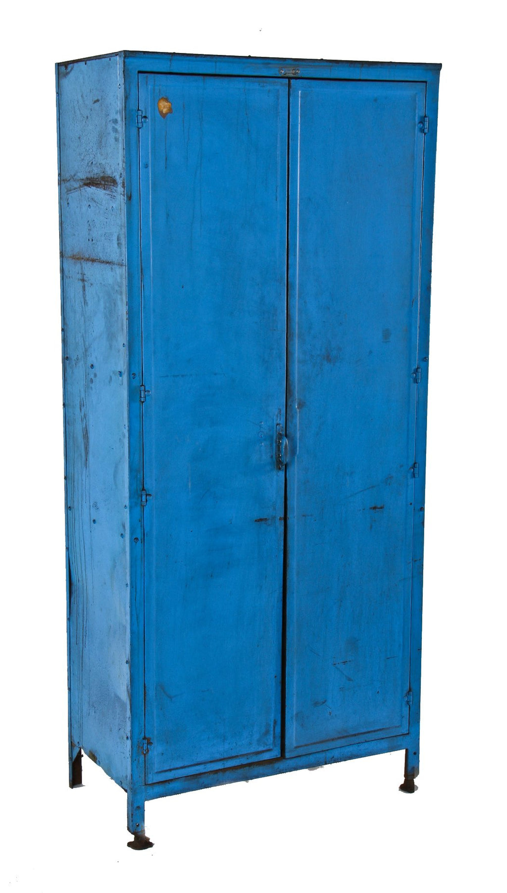c. 1918 original oversized "steelbilt" bright blue enameled heavy gauge steel factory office cabinet or wardrobe with double hinged doors
