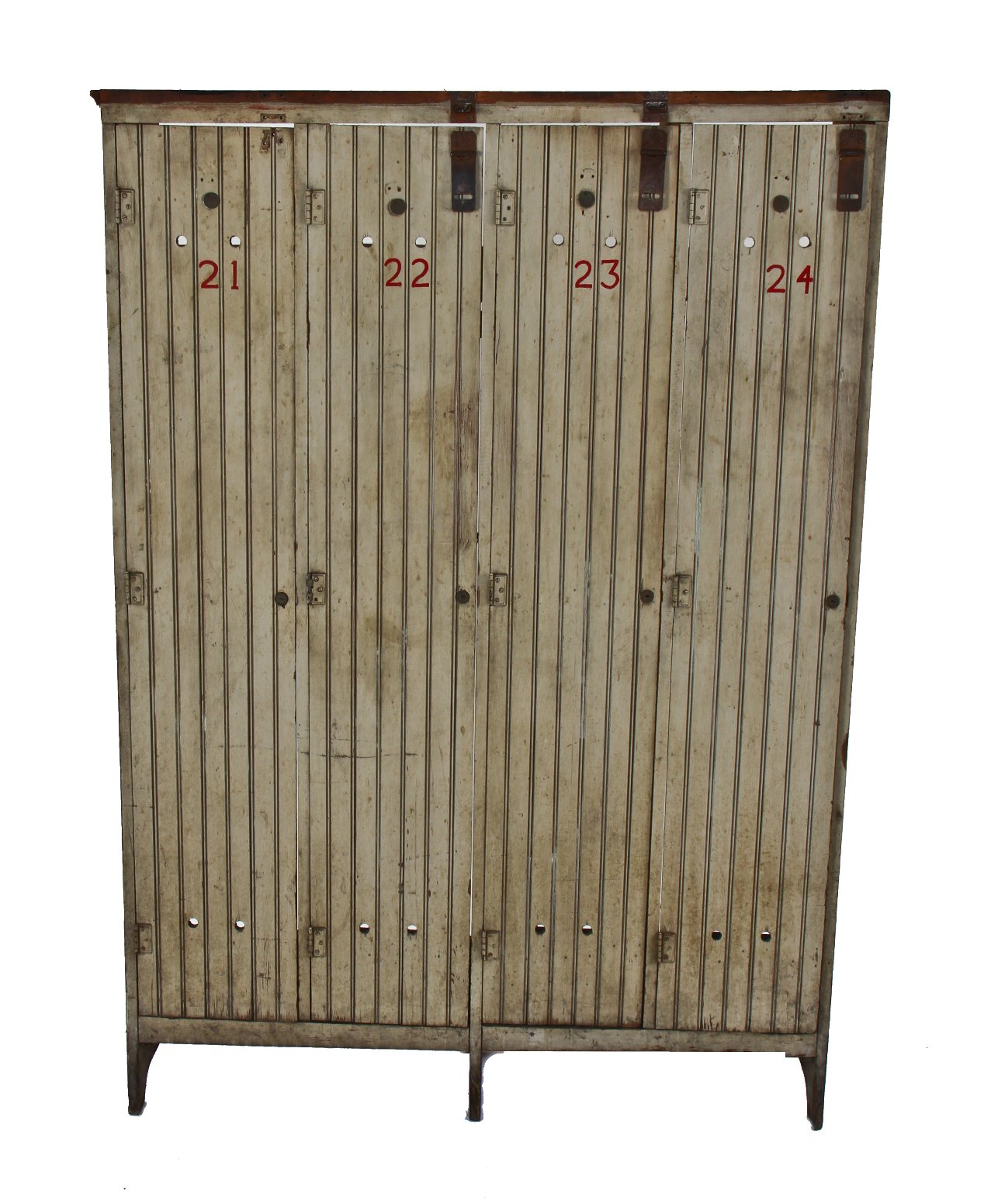 very unique early 20th century painted pine wood four-unit freestanding factory workman's locker with doors containing hand-painted numbers