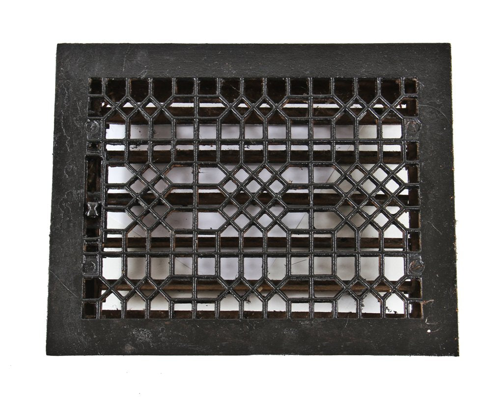 original antique american black enameled ornamental cast iron "indian lattice" pattern floor register or grate with intact louvers