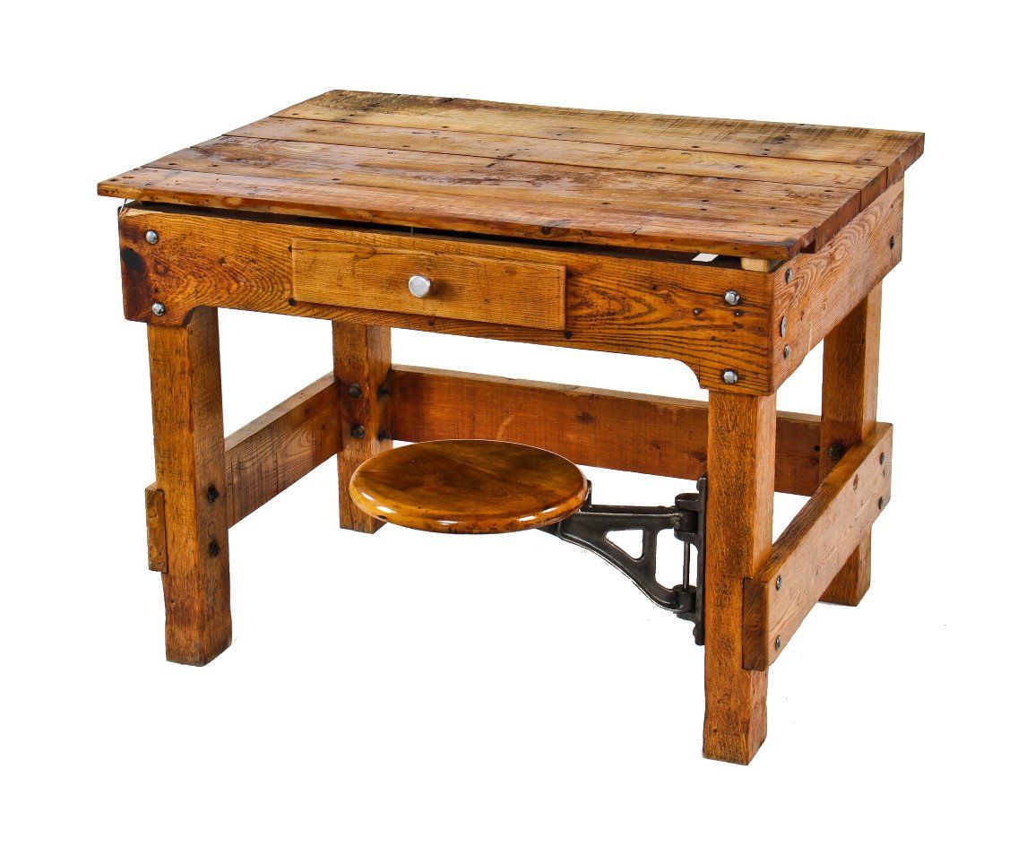 refinished old american industrial bolted oak wood chicago factory machine shop stationary desk with integrated swing-out seat and pull-out drawer