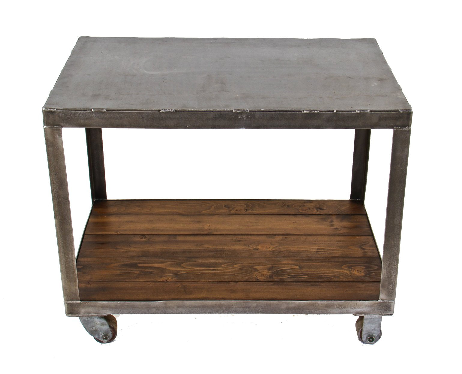 robust vintage american industrial all-welded joint heavy gauge steel two-tier mobile chicago factory supply storage cart with uniform brushed metal finish