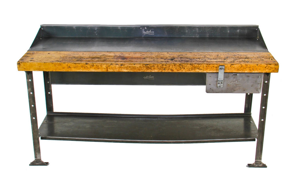 original heavy duty late 1930's american industrial angled iron factory workbench with combination maple and steel tabletop