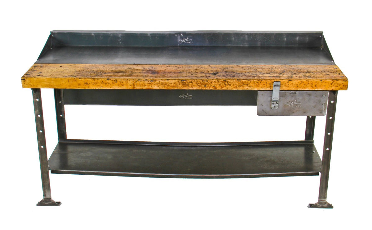 original heavy duty late 1930's american industrial angled iron factory workbench with combination maple and steel tabletop