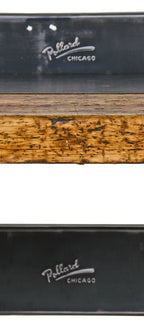 original heavy duty late 1930's american industrial angled iron factory workbench with combination maple and steel tabletop