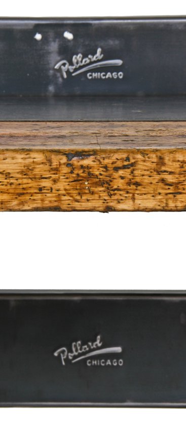 original heavy duty late 1930's american industrial angled iron factory workbench with combination maple and steel tabletop