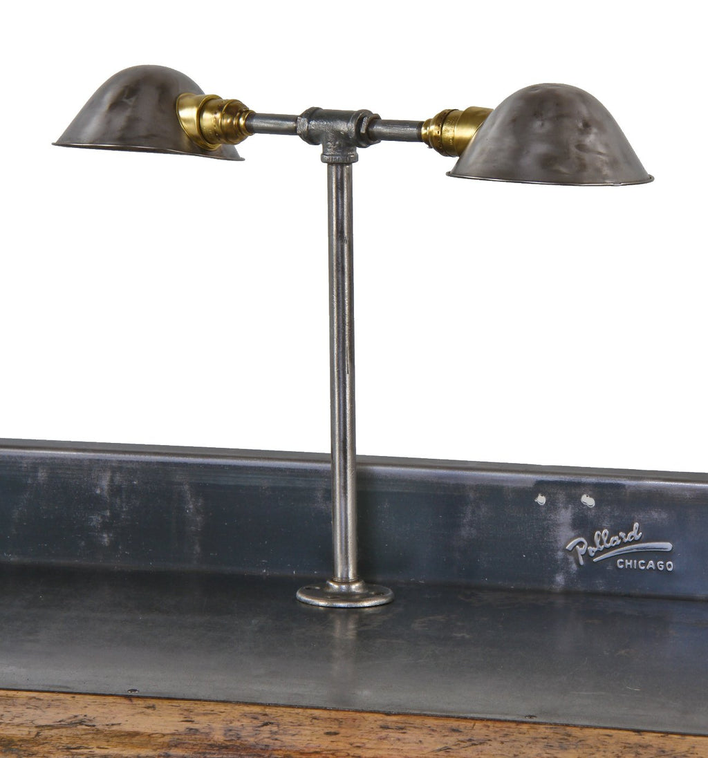 unique custom-built vintage american industrial freestanding tubular or pipe steel dual light task lamp with parabola-shaped shades