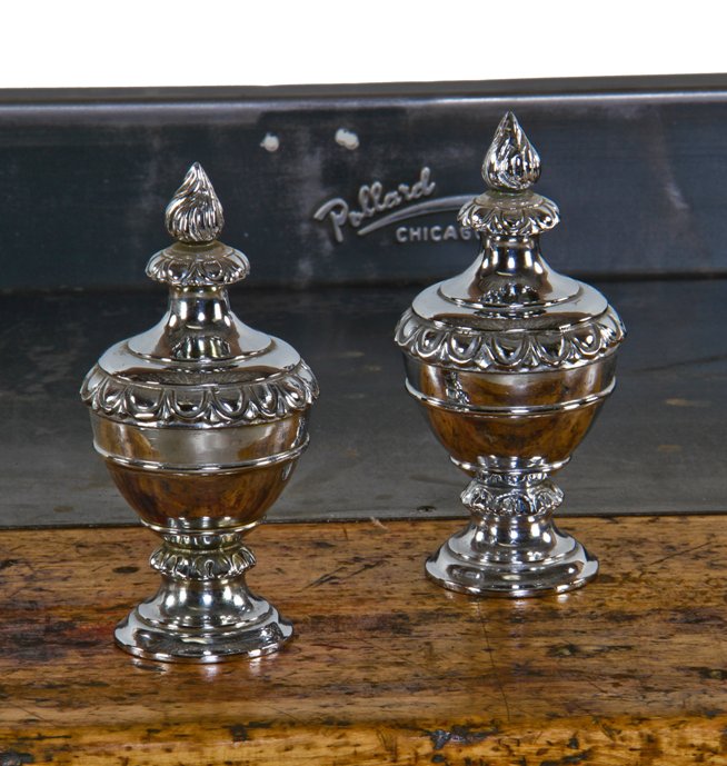 matching set of all original late 1920's nickel-plated cast bronze first national bank building interior teller cage pilaster urn-shaped finial