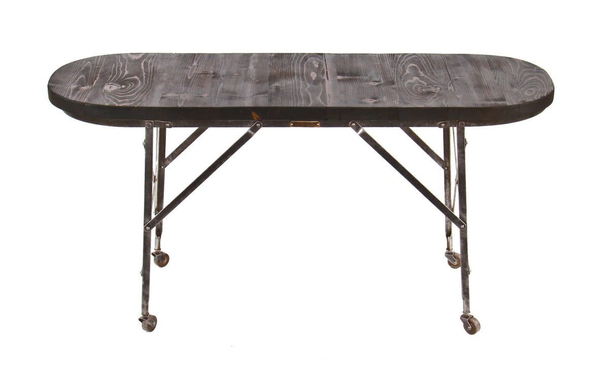 repurposed c. 1930's american vintage industrial collapsible riveted joint steel mobile washtub stand with newly added darkly stained pine wood top