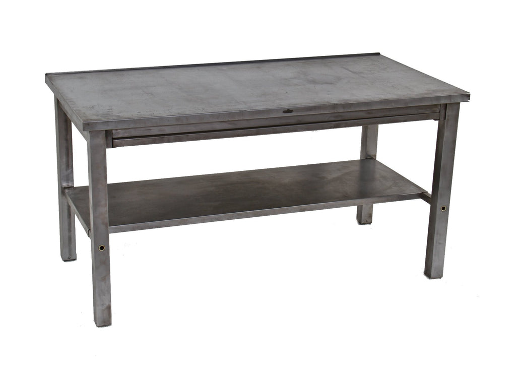 late 1930's vintage american industrial strong and sturdy cold-rolled furniture sheet steel stationary factory office side table with undershelf