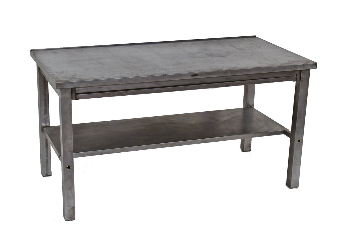late 1930's vintage american industrial strong and sturdy cold-rolled furniture sheet steel stationary factory office side table with undershelf