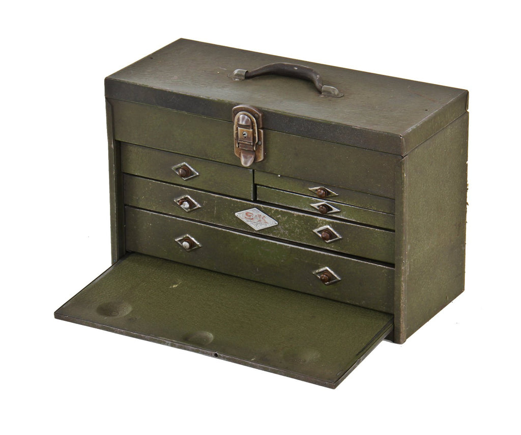 lightly cleaned c. 1940's american vintage industrial factory machinist precision instrument green enameled steel portable "s-k" tool chest