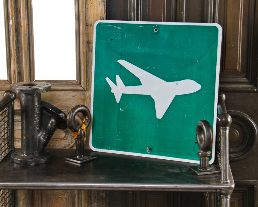 single-sided vintage industrial chicago o'hare international airport informational die cut aluminum graphic sign with holes for sign post