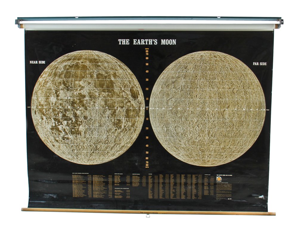 very unusual vintage american oversized instructional pull-down astronomy map featuring the near and far side of earth's moon