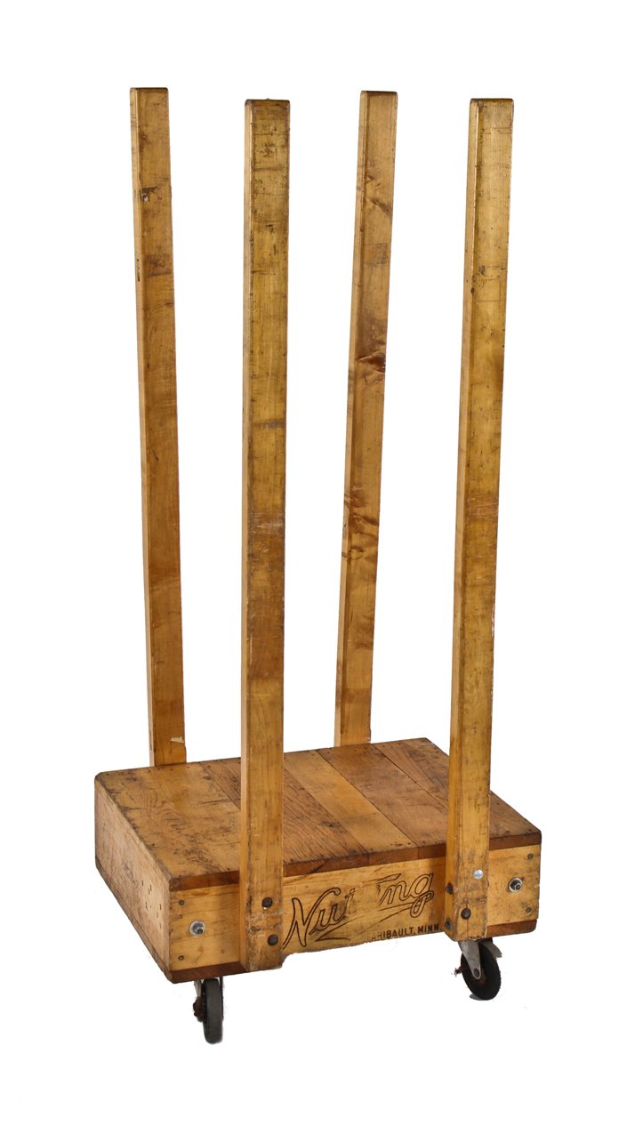 unusually configured vintage american industrial "nutting" mobile solid maple wood furniture truck or cart with bolted upright posts