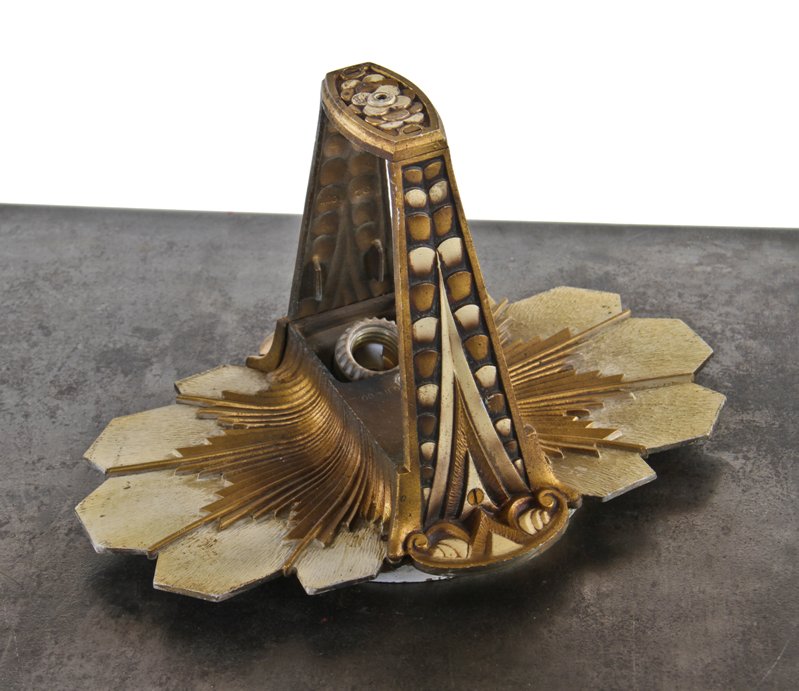 original american art deco style c. 1930's polychrome enameled ornamental cast iron flush mount slip shade ceiling fixture