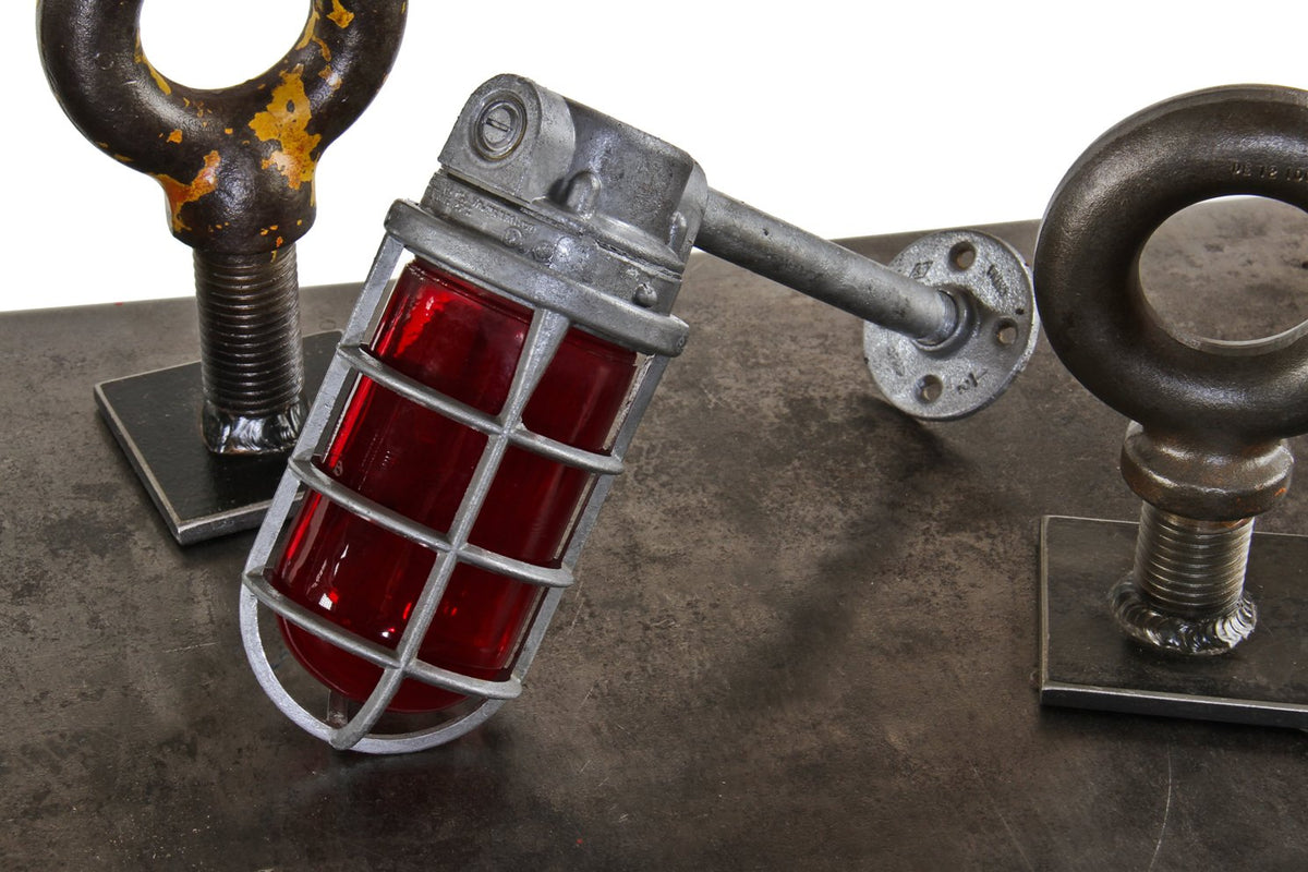 fully functional flush mount vintage american industrial silver metallic "explosion proof" factory wall sconce with threaded end ruby red jar