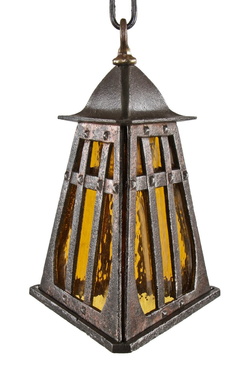 refinished c. 1920's original antique american craftsman style salvaged chicago ornamental cast iron pyramidal-shaped art glass pendant light