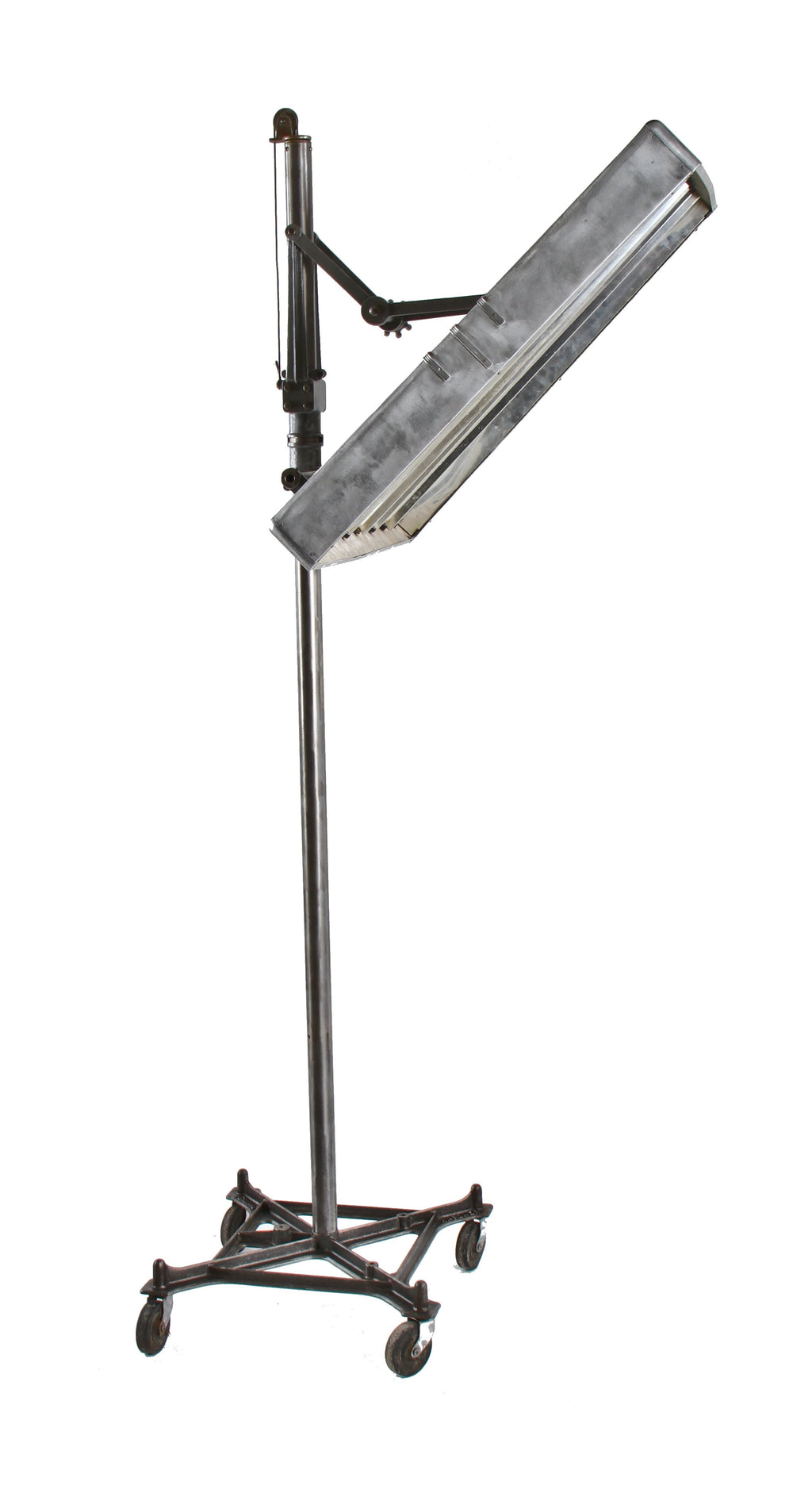 original largely intact c. late 1940's vintage american industrial perkins "hi-power" mobile photo studio fluorescent light stand unit