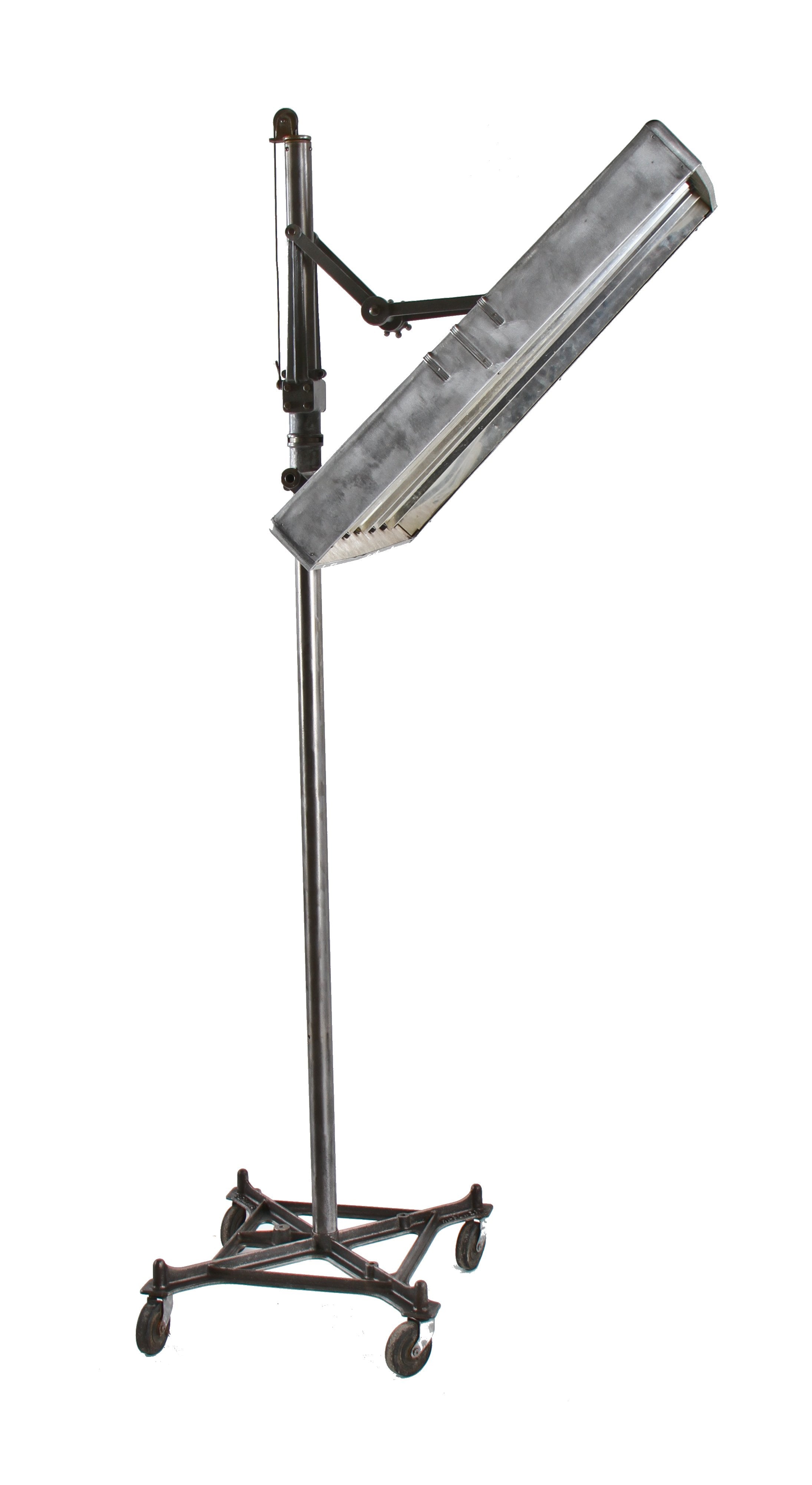 original largely intact c. late 1940's vintage american industrial perkins "hi-power" mobile photo studio fluorescent light stand unit