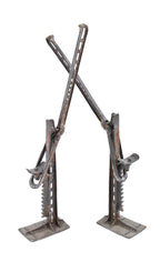working and intact set of original early 20th century cast iron "reliable" freestanding automotive one stroke tire jacks with nicely aged patina