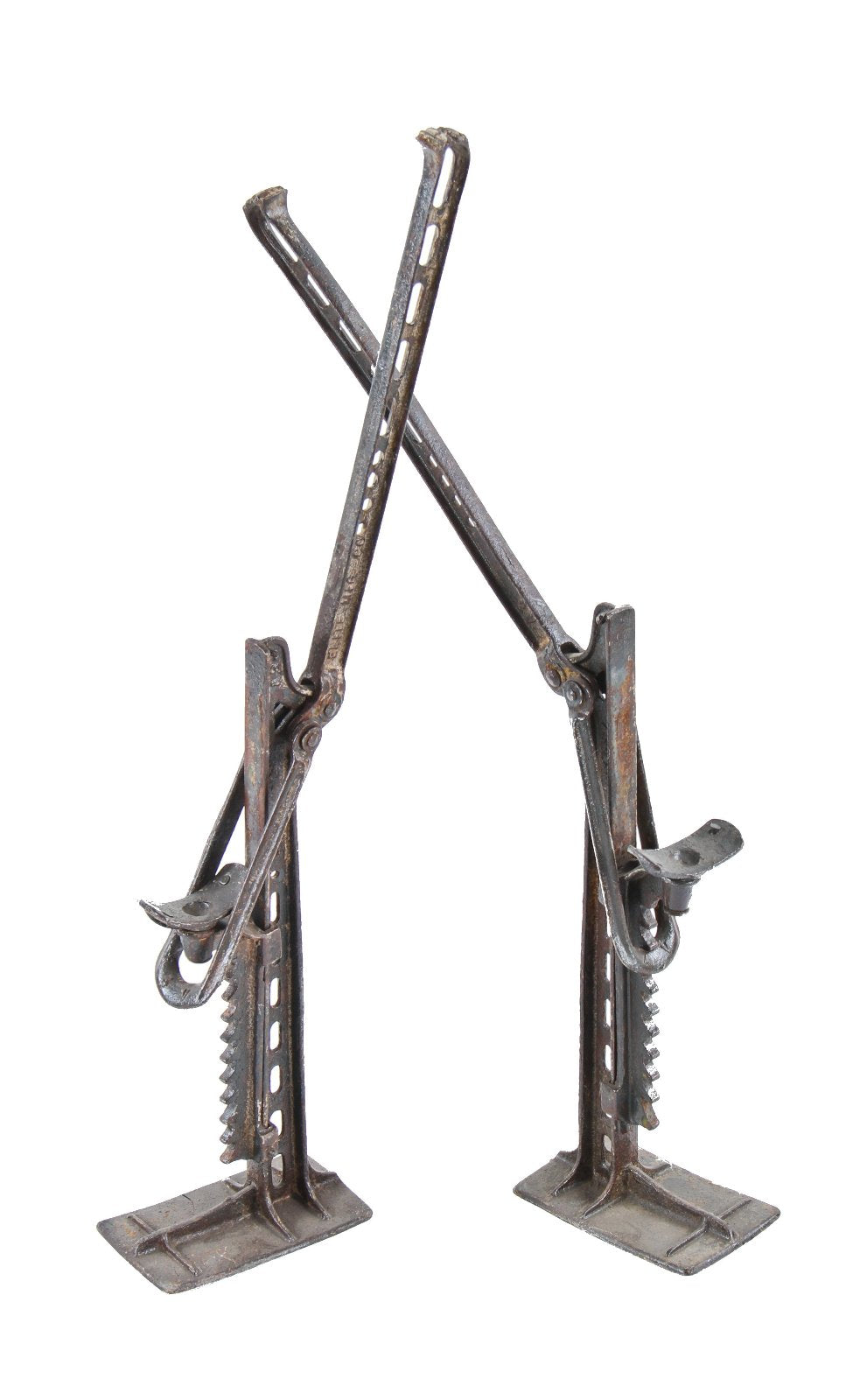 working and intact set of original early 20th century cast iron "reliable" freestanding automotive one stroke tire jacks with nicely aged patina