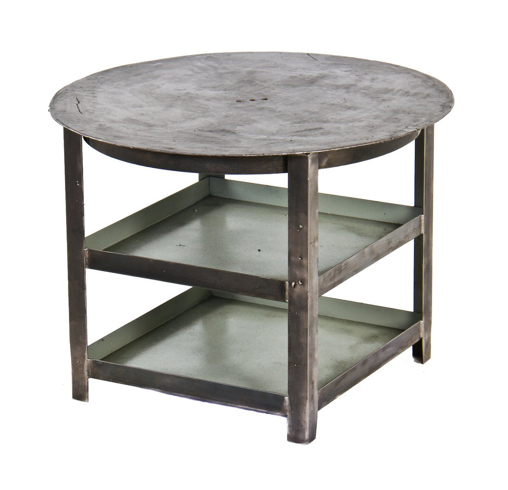 modified vintage american industrial low-lying four-legged stationary brushed steel coffee table with undershelves