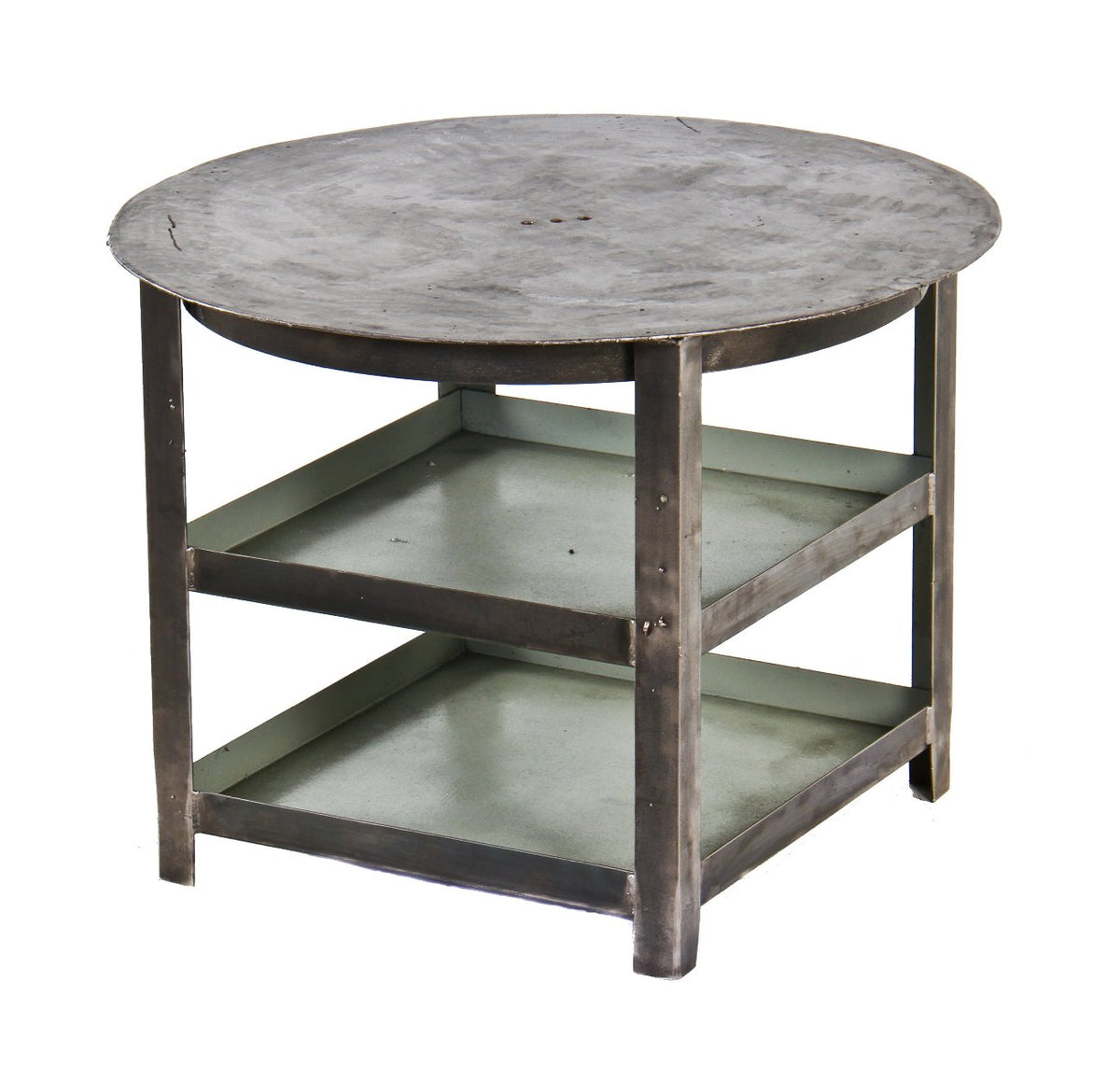 modified vintage american industrial low-lying four-legged stationary brushed steel coffee table with undershelves