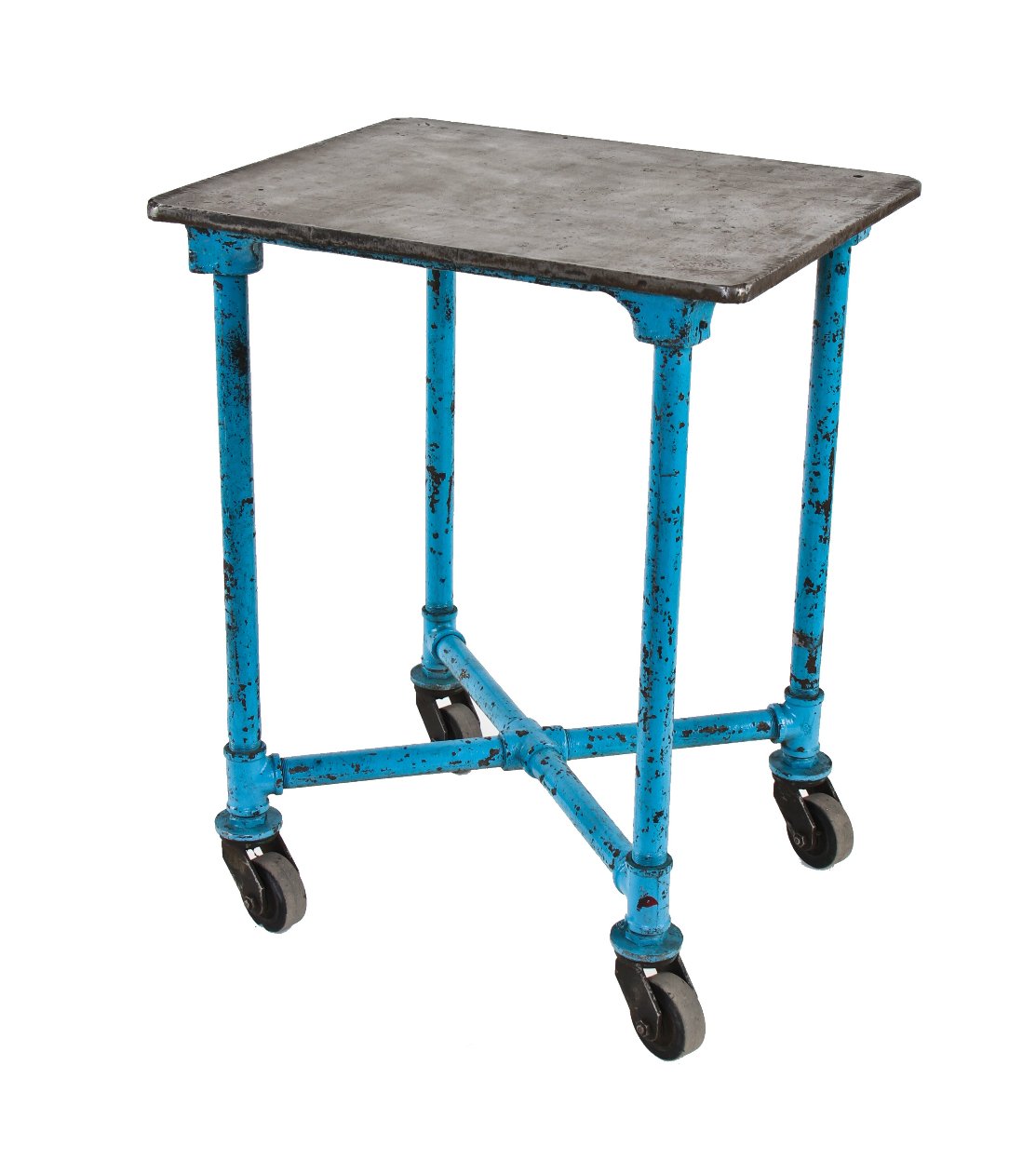 early 1920's american industrial tubular steel pipe base print shop mobile cart or work stand with blue enameled finish