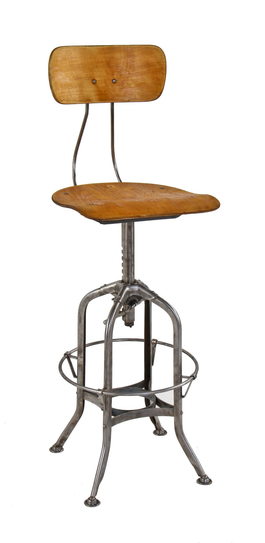 refinished and fully functional c. 1930's american industrial "uhl art steel" adjustable height work stool with intact footrest