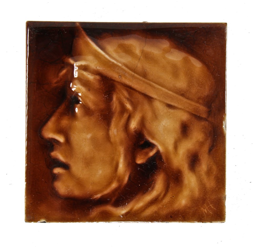 hard to find original 19th century american figural or portrait majolica glazed victorian era interior residential fireplace tile