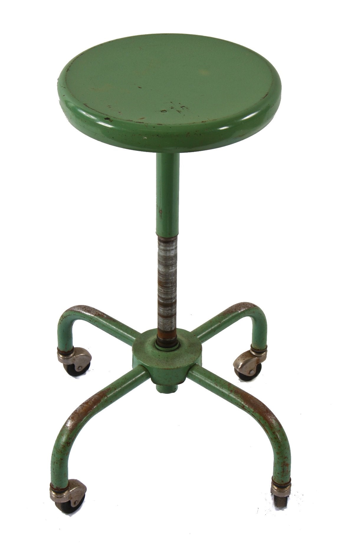 well-maintained original c. 1940's american adjustable height mint green enameled research laboratory mobile stool