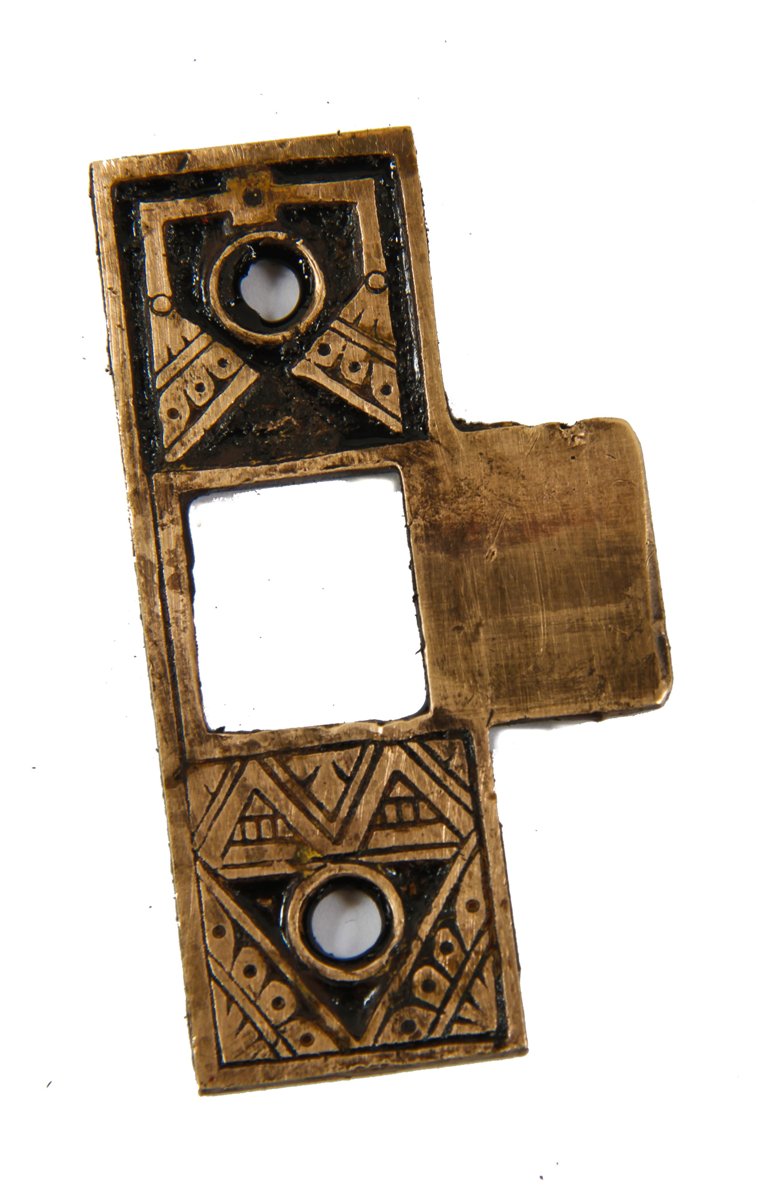 single 19th century original ornamental cast brass interior residential aesthetic movement door mortise lock strike plate with black enameled inlay