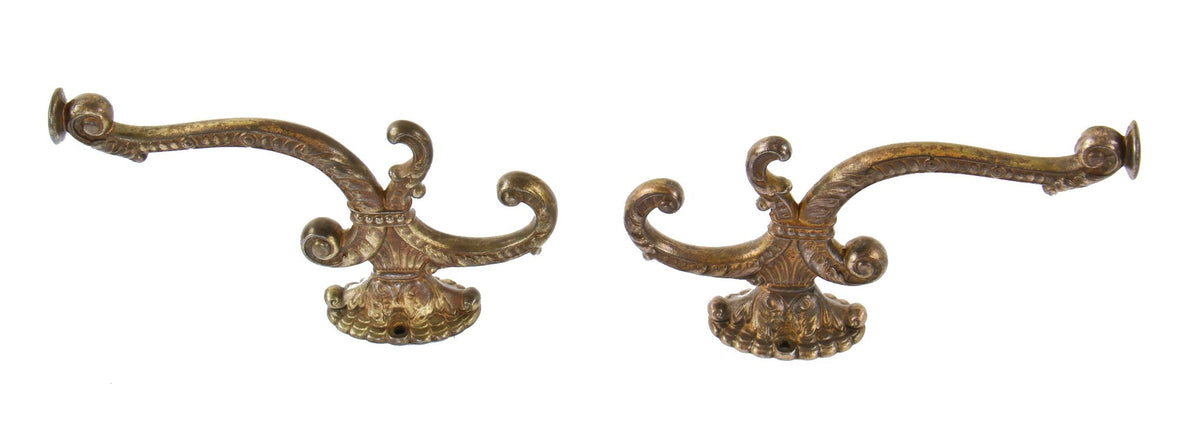 set of original 19th century chicago graystone parlor room console oversized decorative coat hooks with partially intact brass-plated finish