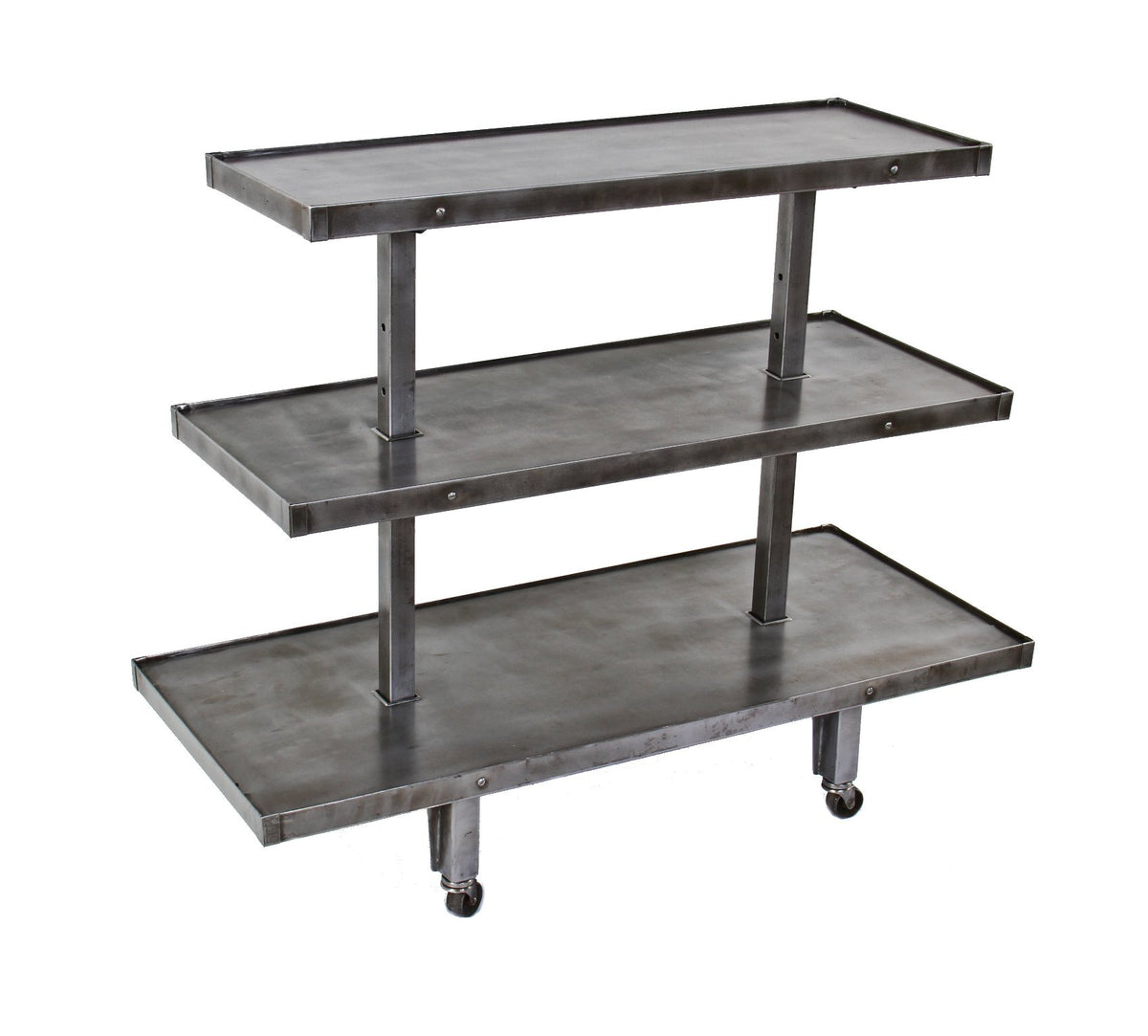 patented c. 1920's original lightweight american vintage industrial general goods store all-metal graduated shelf mobile display stand