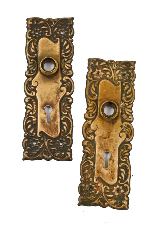 c. 1900's ornamental wrought bronze "eulalia" pattern interior residential doorknob backplates with intricate leafage borders