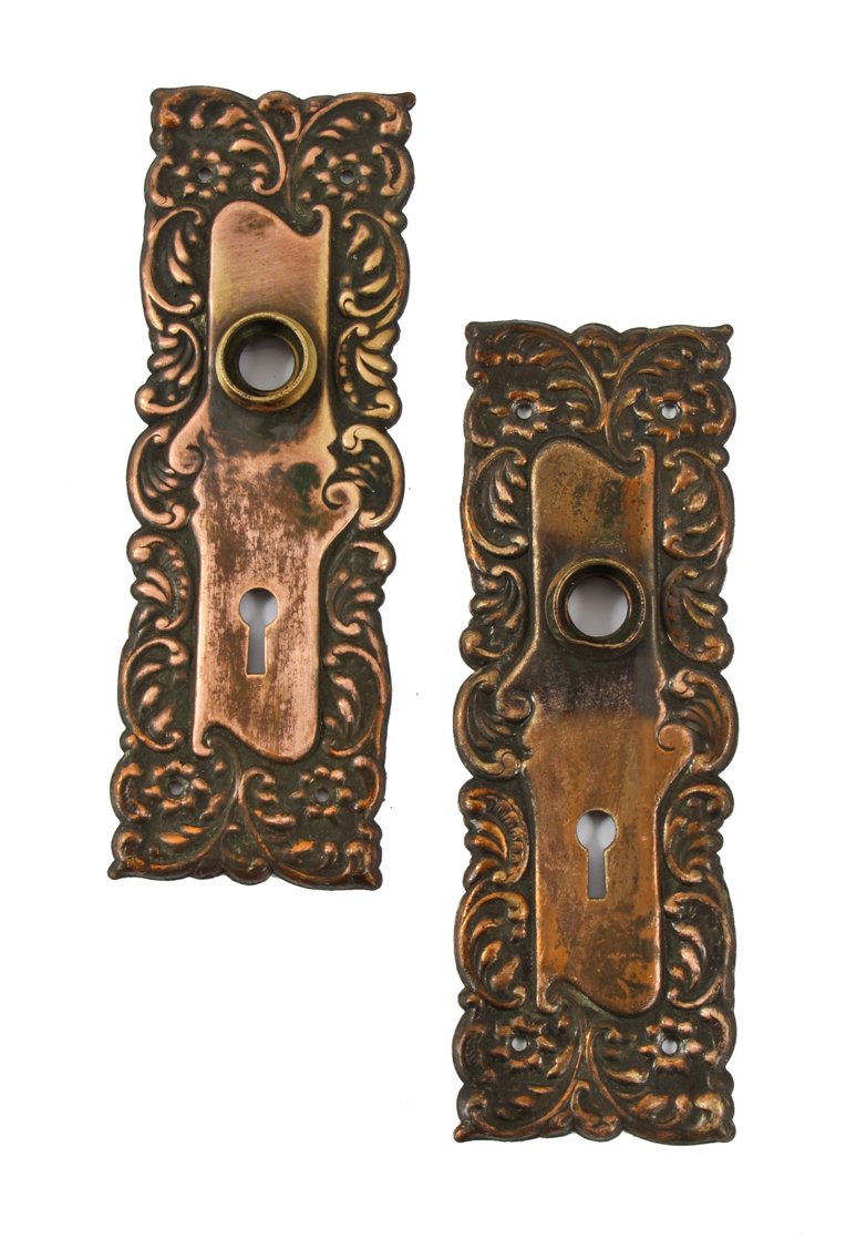 original early 20th century american art nouveau style ornamental stamped bronze metal "eulalia" pattern backplates