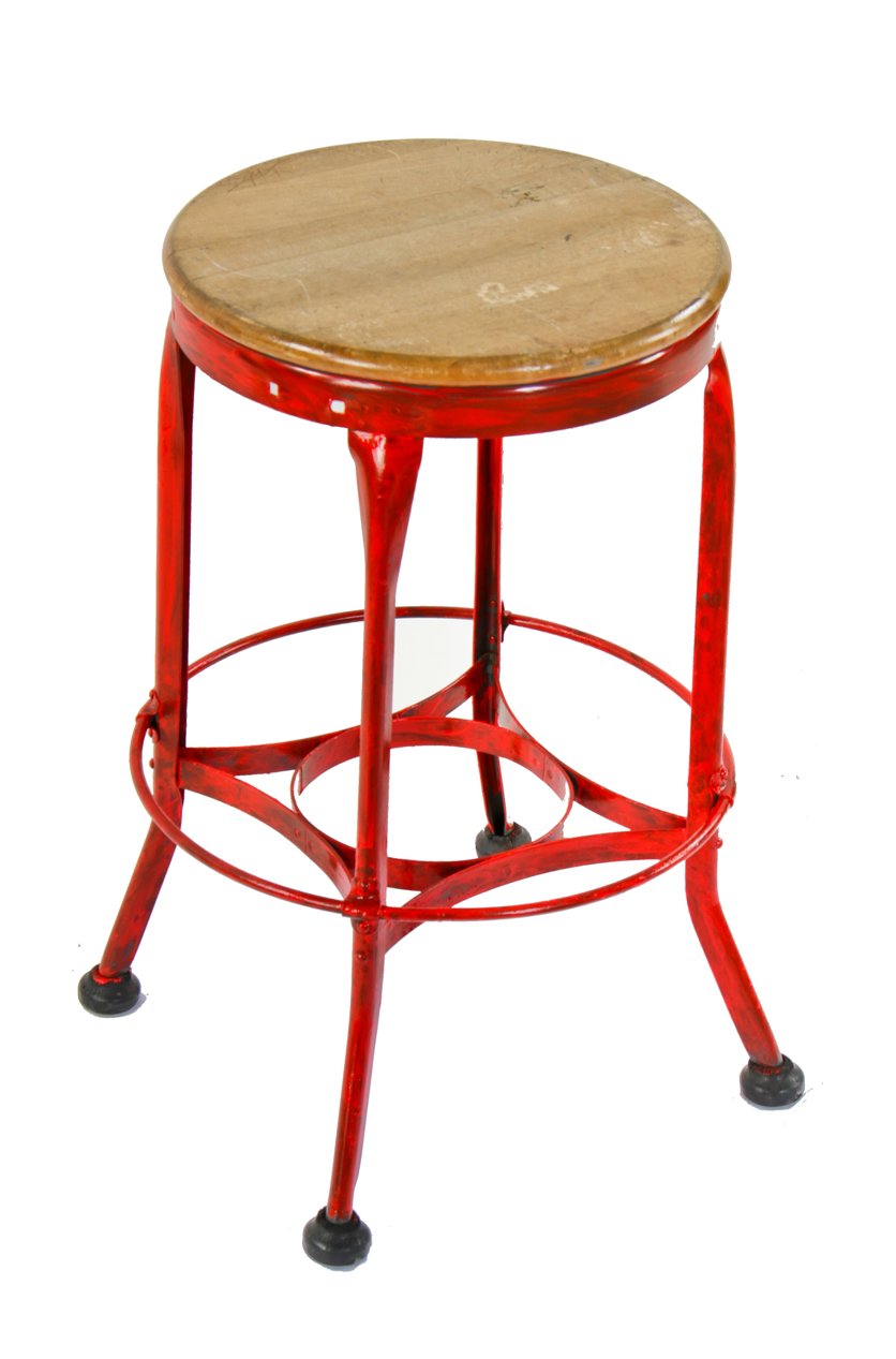 early 1940's original american industrial four-legged red enameled stationary toledo stool with maple wood seat with footrest