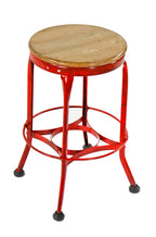 early 1940's original american industrial four-legged red enameled stationary toledo stool with maple wood seat with footrest