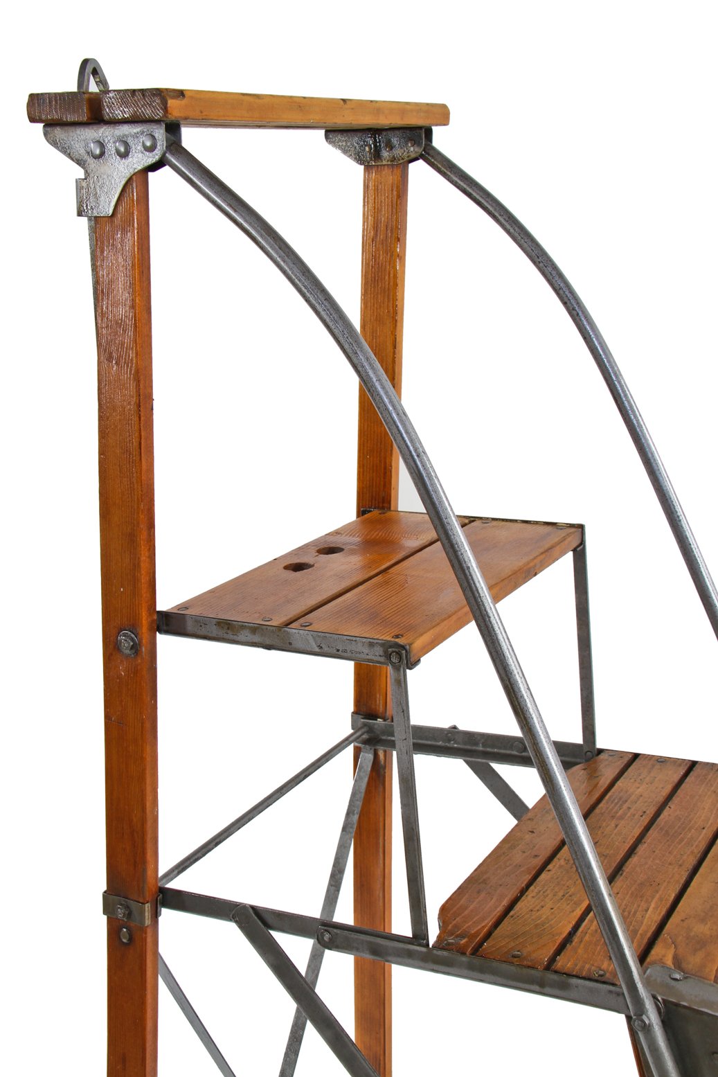 fully functional and completely refinished early 1920's american antique industrial lightweight and rigid "dayton" collapsible safety ladder with guard rails