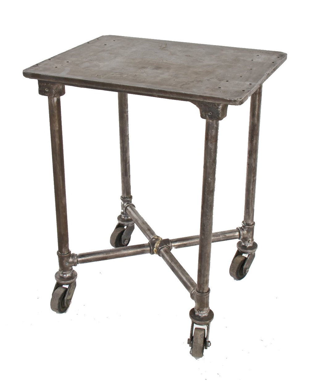 early 1920's brushed metal american industrial mobile four-legged print shop table with cast iron deck and casters