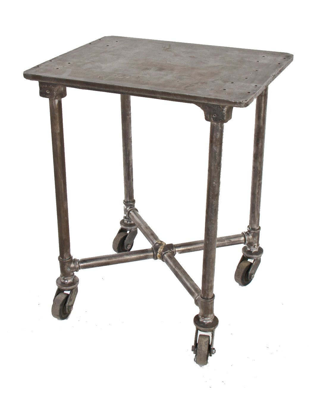 early 1920's brushed metal american industrial mobile four-legged print shop table with cast iron deck and casters